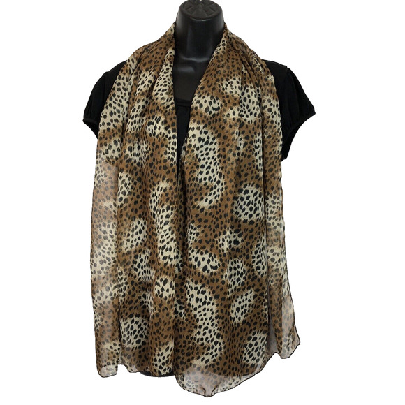 Long Animal Leopard Print Scarf, Brown and Black Sheer Rectangle Retro Pinup - Picture 4 of 7